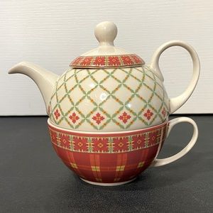 2005 Harry & David Teapot & Cup “for one” POINSETTIA'S PLAID CHRISTMAS